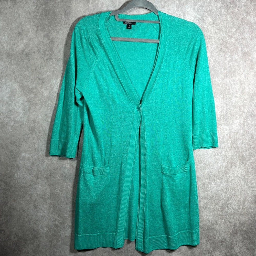 Lafayette 148 Cardigan Sweater Womens Small Green Linen Longline Knit Pockets